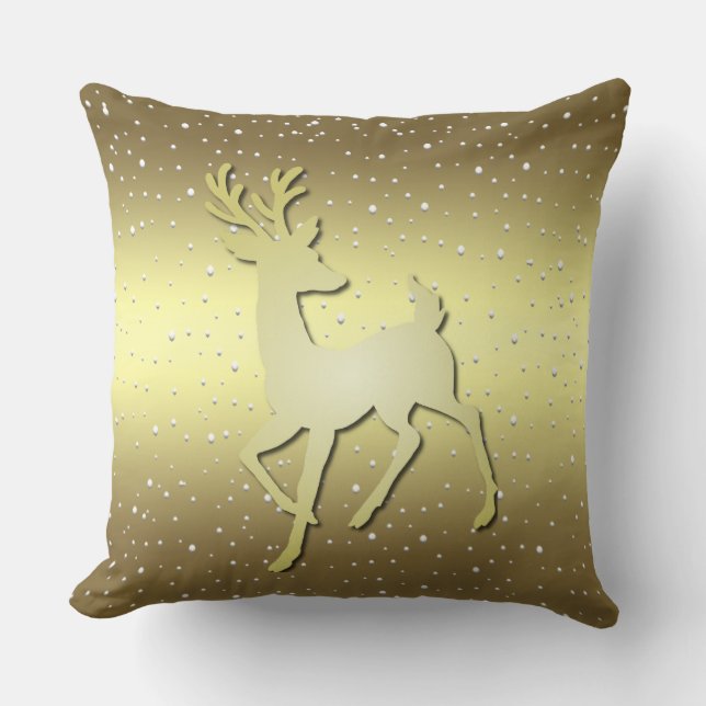 Golden Reindeer Snowy Holiday Throw Pillow Kussen (Voorkant)