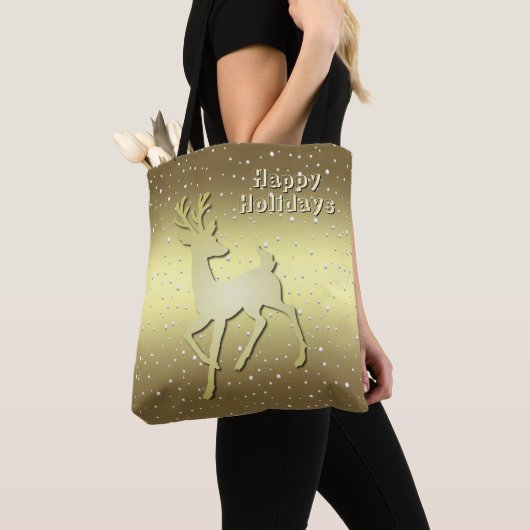 Golden Reindeer Snowy Holiday Tote Bag (Dichtbij)