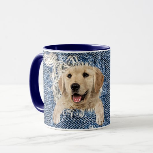 Golden rekenkopper in een gefragmenteerd blauw den mok (Voorkant links)