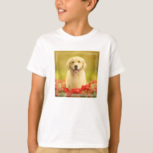 Golden Retirever in Red Flowers T-shirt