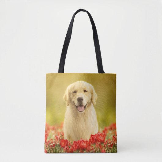 Golden Retirever in Red Flowers Tote Bag (Voorkant)