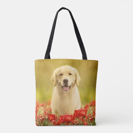 Golden Retirever in Red Flowers Tote Bag (Achterkant)