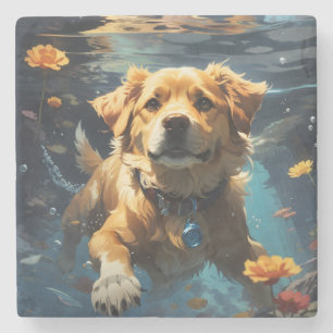Golden Retreiver zwemmen met bloemen Stenen Onderzetter