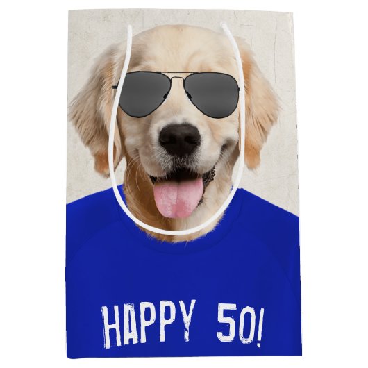 Golden Retriever 50th Birthday Medium Gift Bag Medium Cadeauzakje (Voorkant)