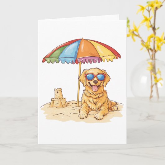 Golden Retriever Beach Dog Kaart (Gele Bloem)