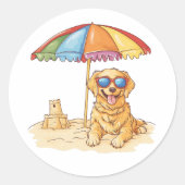 Golden Retriever Beach Dog Ronde Sticker (Voorkant)