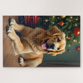 Golden Retriever bij de speelgoedtrein Kerstmis Legpuzzel (Horizontaal)