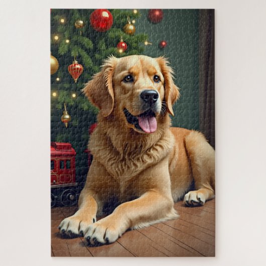 Golden Retriever bij de speelgoedtrein Kerstmis Legpuzzel (Verticaal)