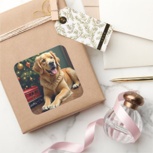 Golden Retriever bij de speelgoedtrein met Kerstmi Vierkante Sticker