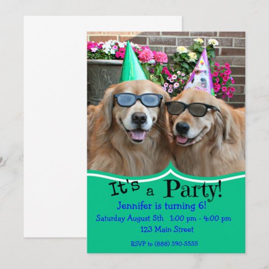 Golden Retriever Birthday Party Kaart (Voorkant / Achterkant)