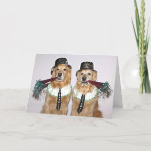 Golden Retriever blaast nieuwjaarshoorns Kaart