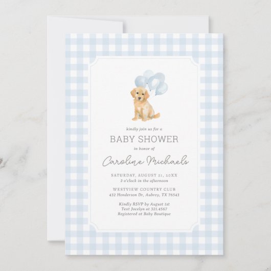 Golden Retriever Blue Gingham Baby shower Kaart (Voorkant)
