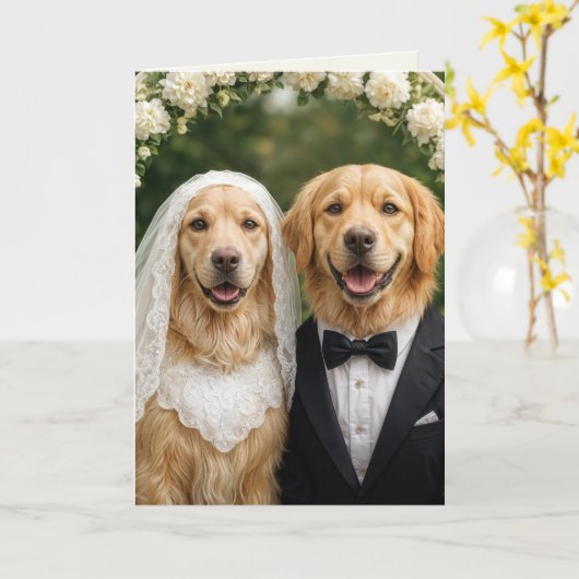 Golden Retriever bruid en bruidegom gefeliciteerd Kaart (Gele Bloem)