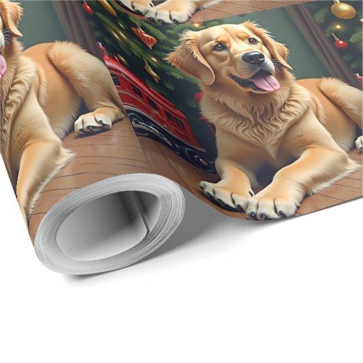 Golden Retriever by the Toy Train Christmas Cadeaupapier (Rol Hoek)