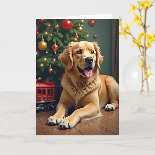 Golden Retriever by the Toy Train Christmas Kaart (Gele Bloem)