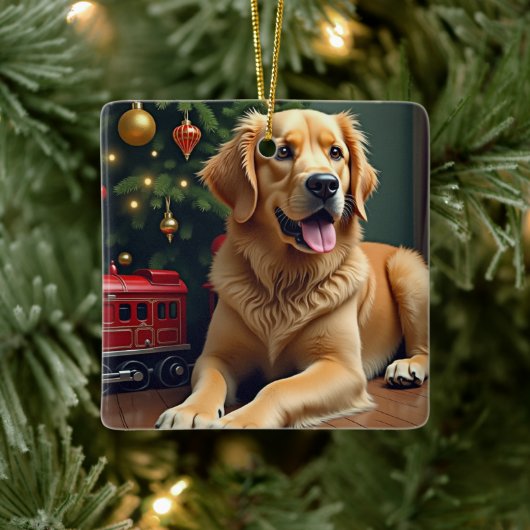 Golden Retriever by the Toy Train Christmas Keramisch Ornament (Boom)