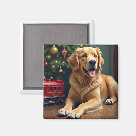 Golden Retriever by the Toy Train Christmas Magneet (Voorkant / Achterkant)