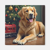 Golden Retriever by the Toy Train Christmas Magneet (Voorkant)