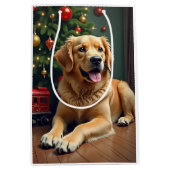 Golden Retriever by the Toy Train Christmas Medium Cadeauzakje (Voorkant)