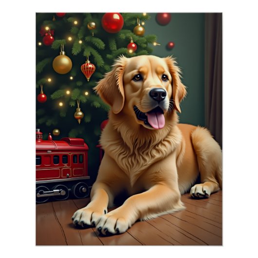 Golden Retriever by the Toy Train Christmas Perfect Poster (Voorkant)