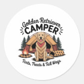 Golden Retriever Camper– Tents, Treats & Tail Wags Ronde Sticker (Voorkant)