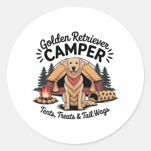Golden Retriever Camper– Tents, Treats & Tail Wags Ronde Sticker (Voorkant)