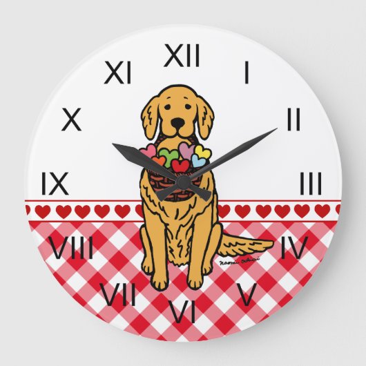 Golden Retriever Cartoon Hearts Grote Klok (Voorkant)