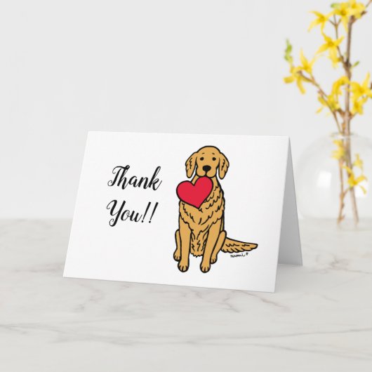 Golden Retriever Cartoon Red Heart bedankt Kaart (Gele Bloem)
