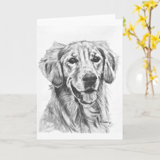 Golden Retriever Charcoal Sketch Kaart (Gele Bloem)