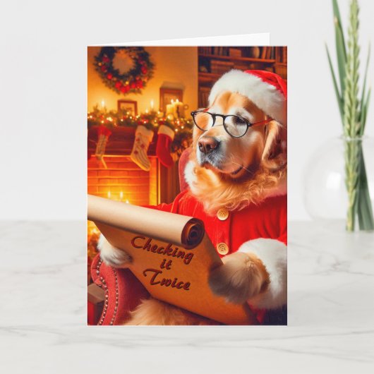 Golden Retriever Checking List Christmas Kaart (Voorkant)