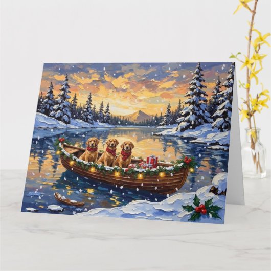 Golden Retriever Christmas Boat Holiday Kaart (Gele Bloem)