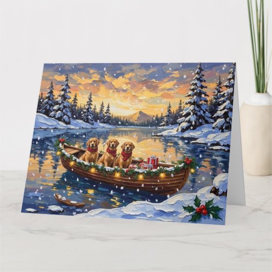 Golden Retriever Christmas Boat Holiday Kaart (Voorkant)