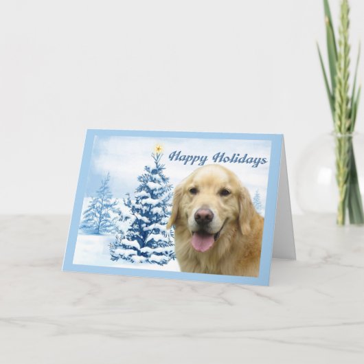 Golden Retriever Christmas Kaart Blue Tree (Voorkant)