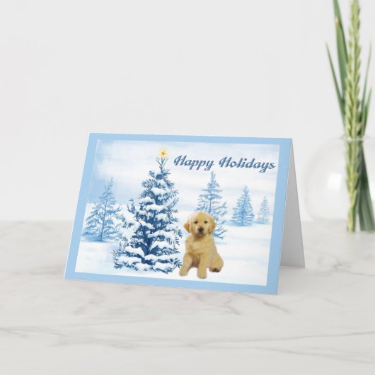 Golden Retriever Christmas Kaart Blue Tree6 (Voorkant)