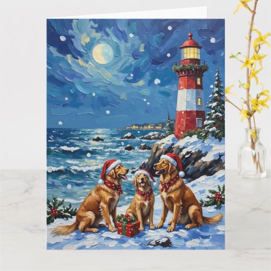 Golden Retriever Christmas Lighthouse Holiday Kaart (Gele Bloem)