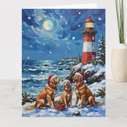 Golden Retriever Christmas Lighthouse Holiday Kaart (Voorkant)