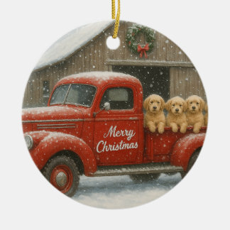 Golden Retriever Christmas Puppies in Old Truck Keramisch Ornament
