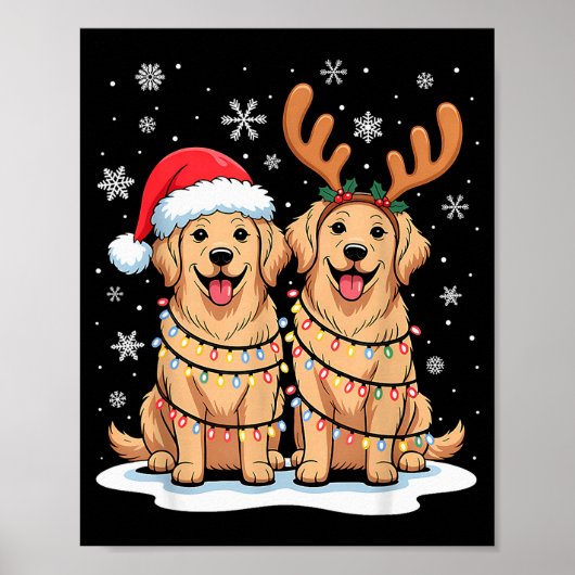 Golden Retriever Christmas Santa Hat Reindeer Ligh Poster (Voorkant)