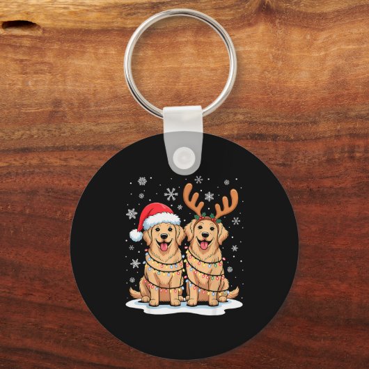 Golden Retriever Christmas Santa Hat Reindeer Ligh Sleutelhanger (Voorkant)
