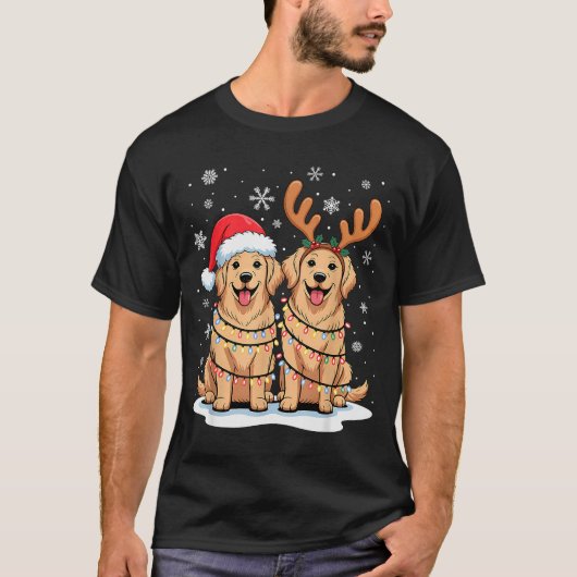 Golden Retriever Christmas Santa Hat Reindeer Ligh T-shirt (Voorkant)