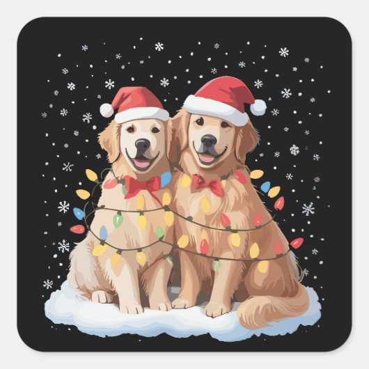 Golden Retriever Christmas Santa Hat Reindeer Vierkante Sticker (Voorkant)