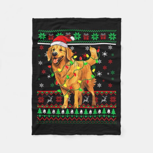 Golden Retriever Christmas Santa Hat Tree Lights P Fleece Deken (Voorkant)
