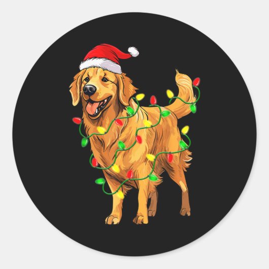 Golden Retriever Christmas Santa Hat Tree Lights P Ronde Sticker (Voorkant)