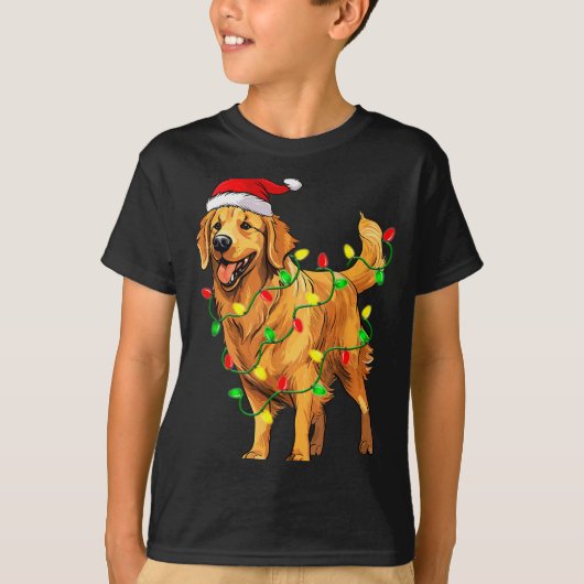 Golden Retriever Christmas Santa Hat Tree Lights P T-shirt (Voorkant)