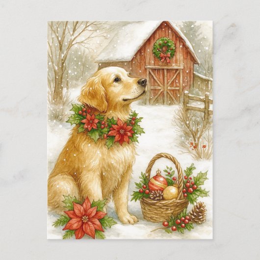 Golden Retriever Christmas Watercolor Postcard Feestdagenkaart (Voorkant)