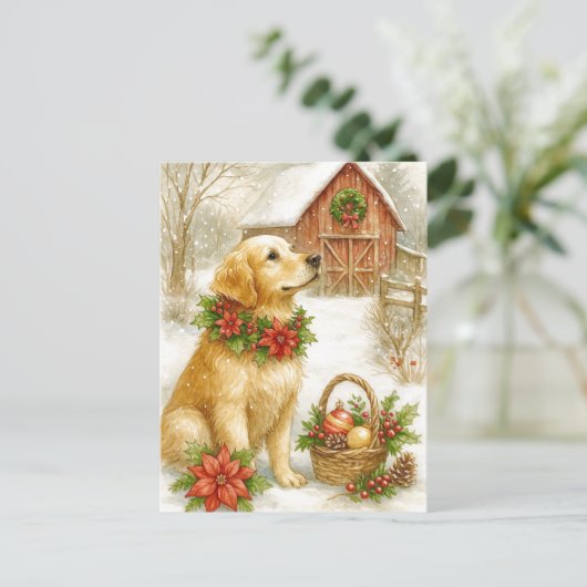 Golden Retriever Christmas Watercolor Postcard Feestdagenkaart (Staand voorkant)
