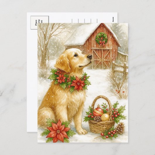Golden Retriever Christmas Watercolor Postcard Feestdagenkaart (Voorkant / Achterkant)