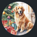 Golden Retriever Christmas Waterverf Ronde Sticker<br><div class="desc">Golden Retriever Christmas Waterverf Classic Ronde Sticker</div>