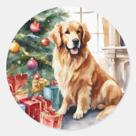 Golden Retriever Christmas Waterverf Ronde Sticker