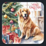 Golden Retriever Christmas Waterverf Vierkante Sticker<br><div class="desc">Golden Retriever Christmas Waterverf Classic Sticker</div>